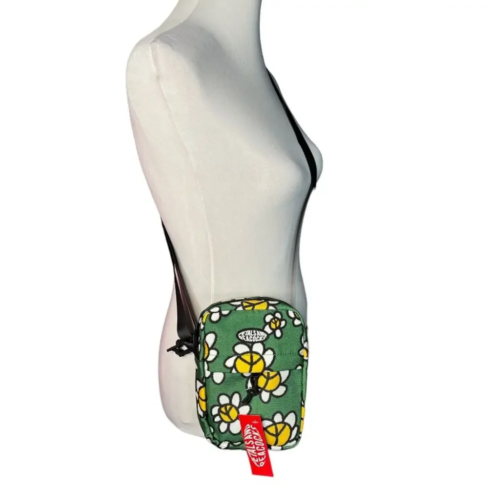 Petals and Peacocks Flowers and Peace Sign Crossbody Camera Bag Green
